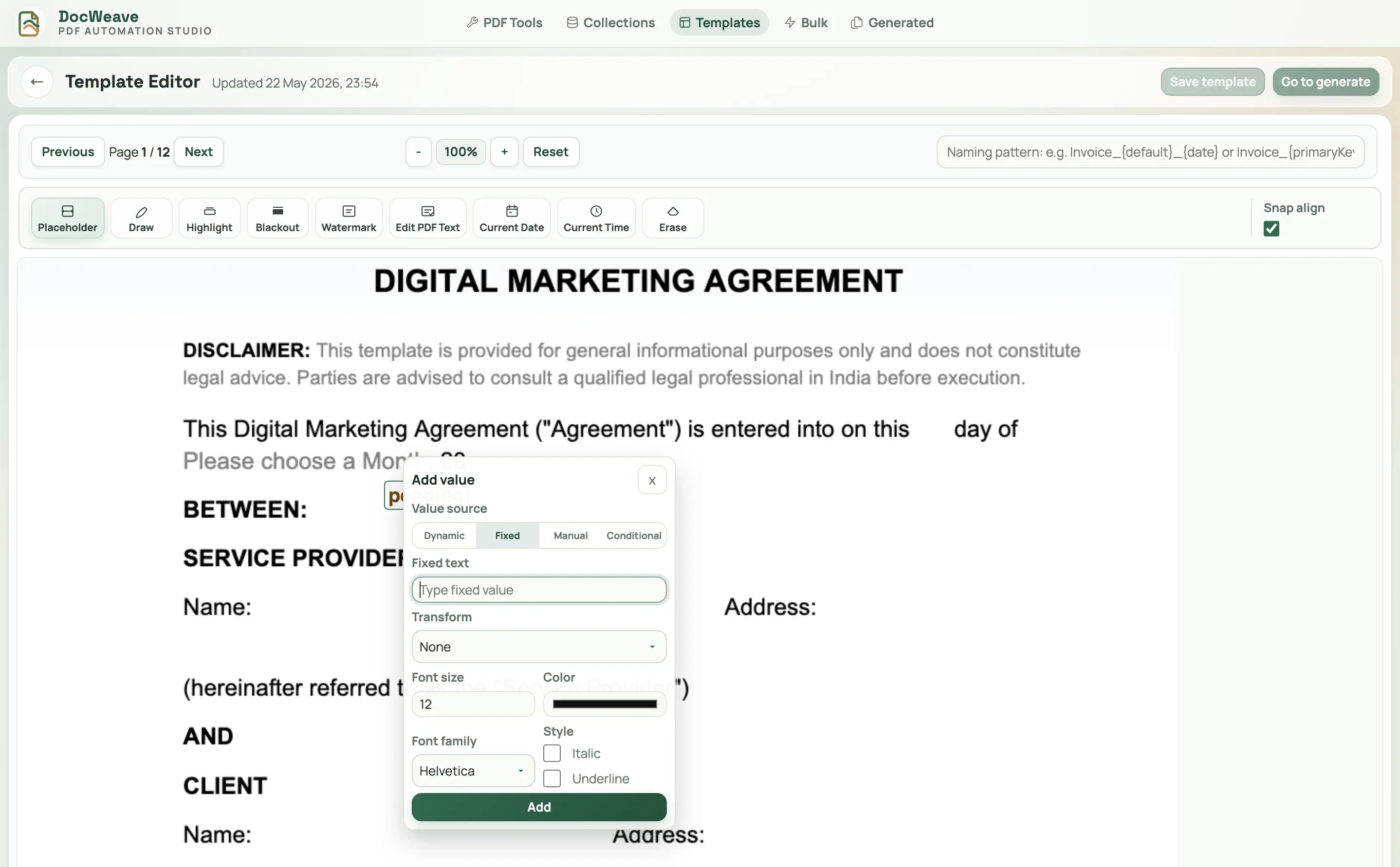 DocWeave template editor page